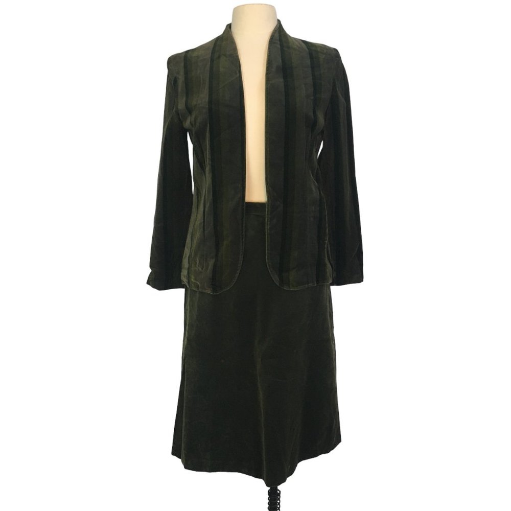 Tan Jay Green Velvet Skirt Suit, Jacket Blazer, Open Front, sz 12, 28 waist‎